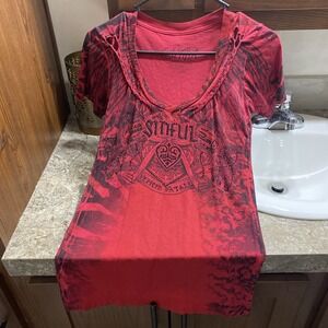 Sinful by Affliction Angel Wings Black & Red Short Sleeve Shirt T-Shirt Small